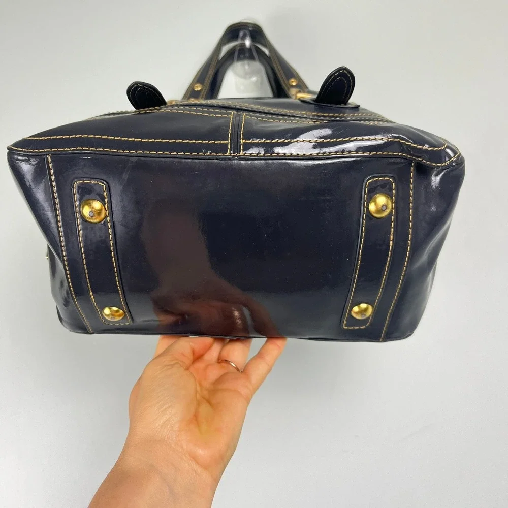 Maxx NY Gray Patent Satchel Handbag Bowler Bag Gold Buckle 90s Y2k Indie Sleaze